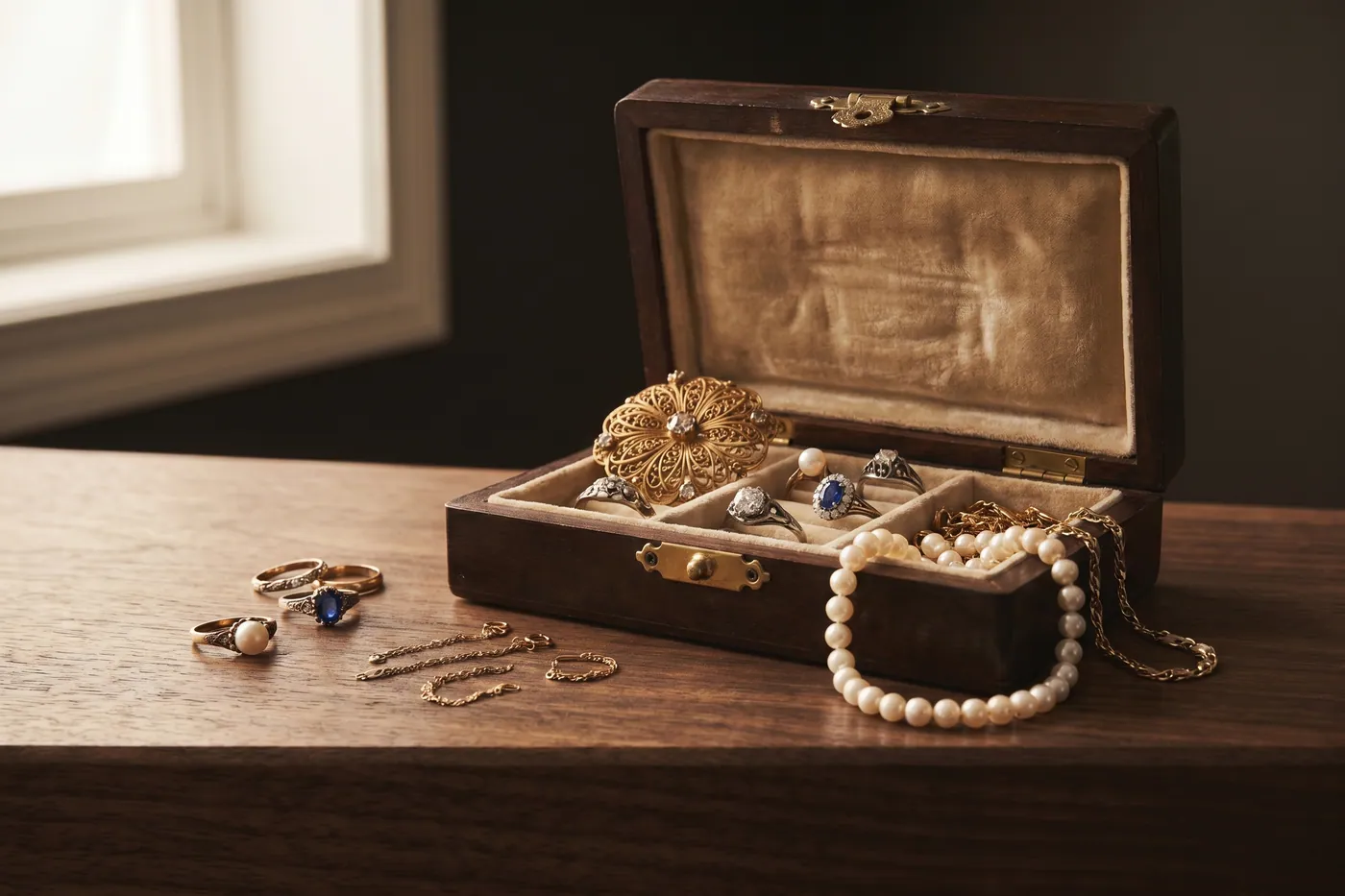 An open vintage jewelry box on a walnut counter holding a mix of estate pieces — a filigree brooch, rings, pearls, and gold chains — partly sorted into small groups.