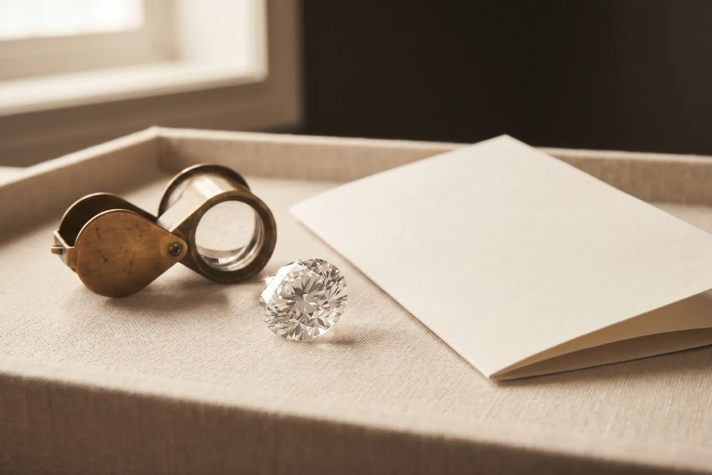 A loose round brilliant diamond beside a loupe and a blank grading report on a soft neutral linen tray, lit by warm window light.