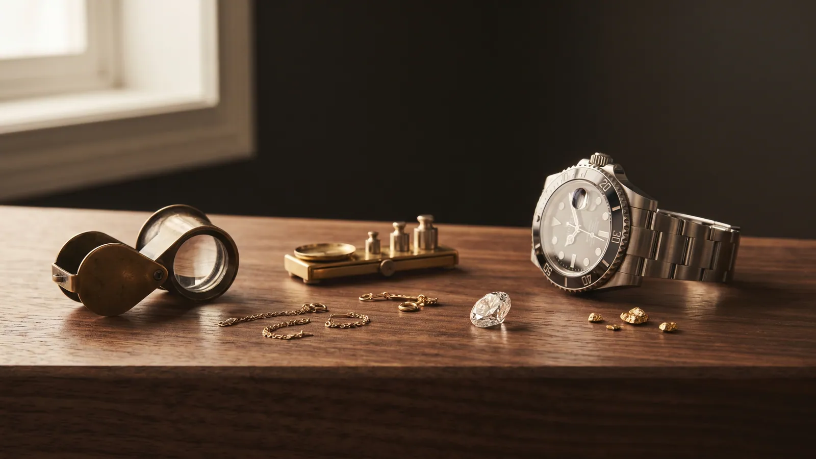 A jeweler's loupe, a precision gold scale, a luxury dive-style watch, a loose round diamond and a few gold pieces arranged on a dark walnut counter under soft window light.