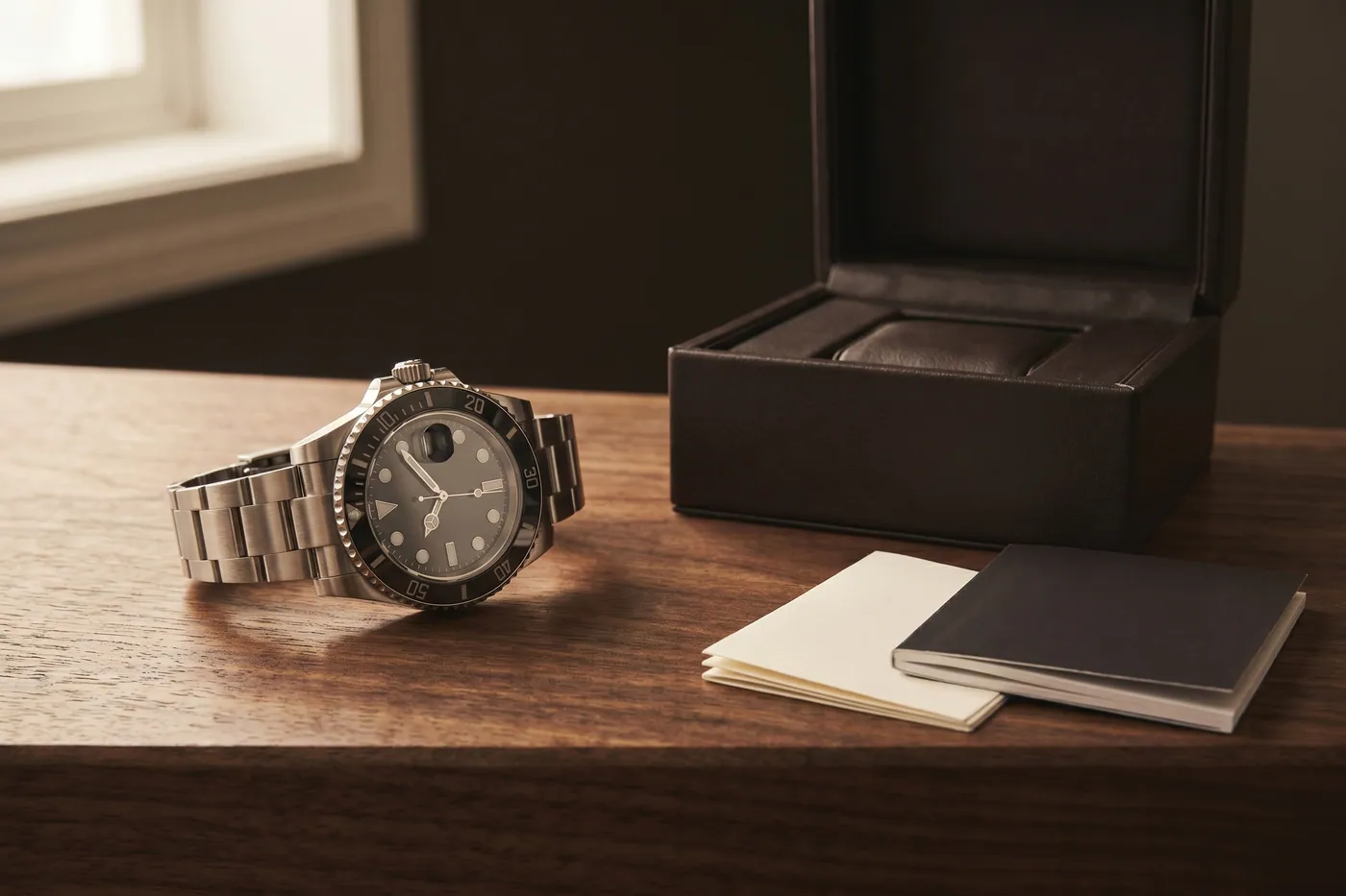 A luxury dive-style wristwatch resting beside its presentation box and accompanying documents on dark walnut.
