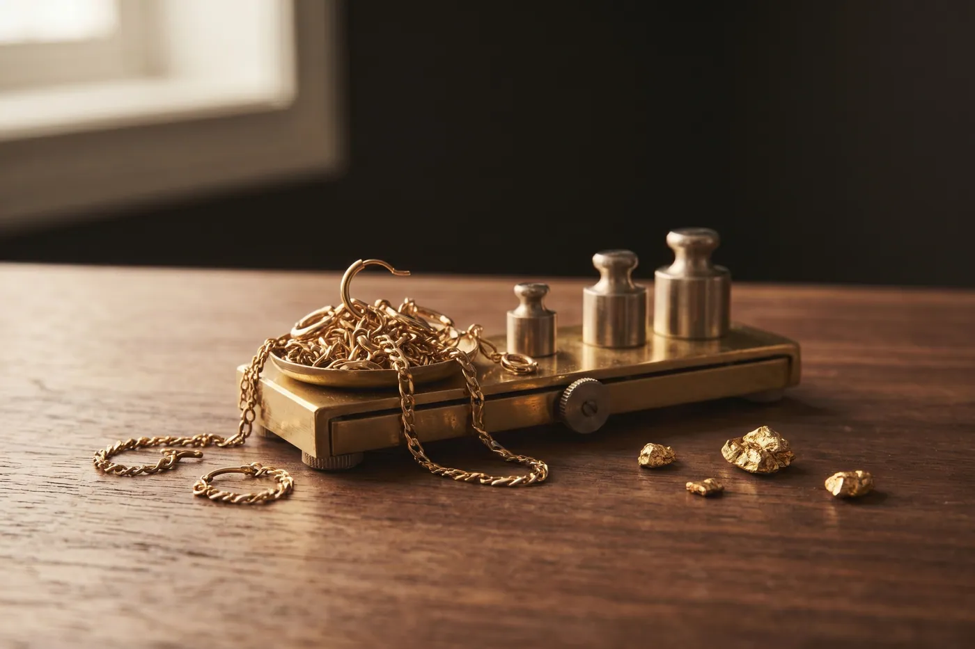 Tangled karat gold scrap chains and broken pieces resting on the pan of a precision jeweler's gram scale on a dark walnut surface.